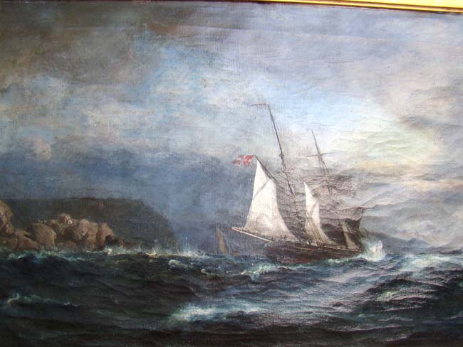 An oil painting on canvas of a Danish ship off the coast signed and dated "A. Probert 1905" — image 6